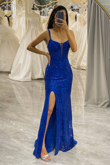 Royal Blue Glitter Deep V-neck Mermaid Prom Dress with Slit